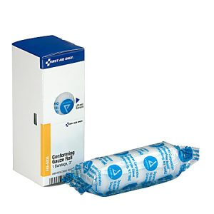 Box and wrapped conforming gauze roll with blue text, labeled "First Aid Only" and "Conforming Gauze Roll, 3 inches.