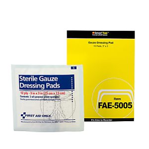 Sterile gauze dressing pads and yellow packaging with product code FAE-5005 displayed for first aid use.