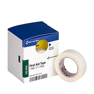 First aid tape set with a boxed roll, labeled "First Aid Only," featuring a blue top and a visible tape section.