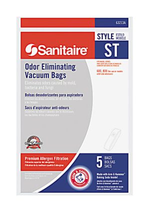 Package of Sanitaire Style ST odor eliminating vacuum bags, featuring premium allergen filtration, contains 5 bags.