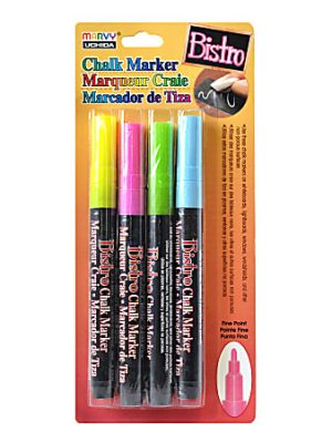 Pack of four Bistro chalk markers in yellow, pink, green, and blue, with fine point tips, in black casing.