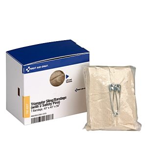 Triangular sling bandage package with safety pins, labeled "First Aid Only," size 40" x 40" x 56".