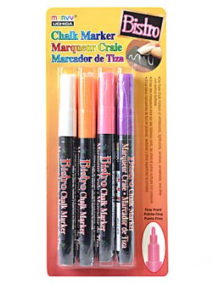 Set of four Bistro chalk markers in white, orange, pink, and purple with fine point tips, packaged vertically.