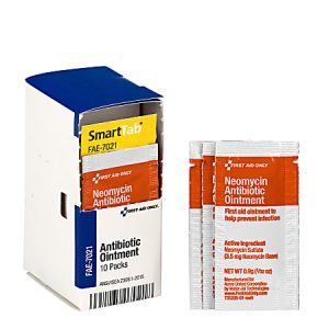 Box of SmartTab Neomycin Antibiotic Ointment with two sachets, labeled for infection prevention.