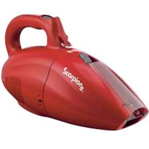 Red handheld vacuum cleaner with a compact design, featuring a handle and transparent nozzle.