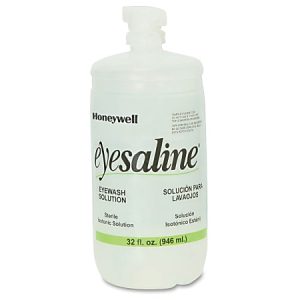 Honeywell Eyesaline Eyewash Solution, 32 fl. oz. bottle in light green, labeled in English and Spanish for eye safety.