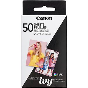 Canon Ivy ZINK photo paper pack, 50 sheets, 2"x3", with two sample photos on the packaging, for mini photo printers.