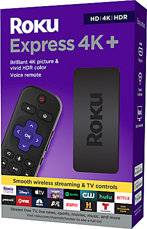 Roku Express 4K+ box showing remote and streaming device, highlighting 4K HDR picture, voice remote, and streaming services.