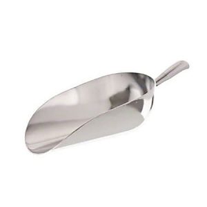Stainless steel scoop with a curved handle, suitable for serving or measuring dry goods.