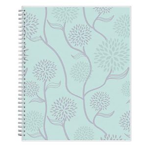A light blue spiral notebook with a silver floral pattern.