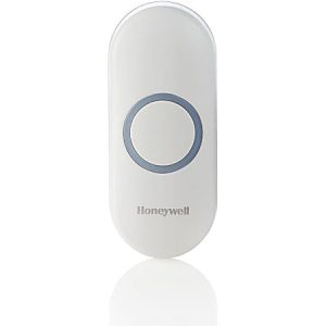 White Honeywell wireless doorbell button with a central gray ring, on a white background.