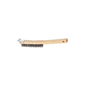 Wooden handle wire brush with metal bristles and a scraper, used for cleaning and removing rust or paint.