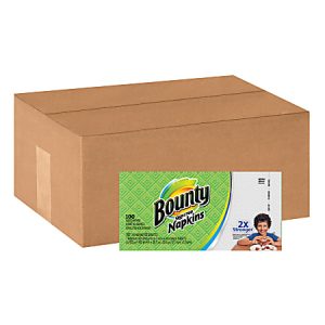 Cardboard box next to Bounty Quilted Napkins pack with "2X Stronger" text and image of a child.