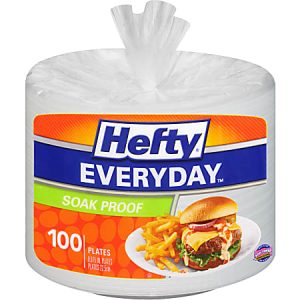 Hefty Everyday soak-proof paper plates, 100 count, featuring a burger and fries image on packaging.