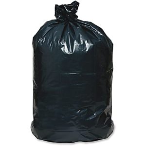 Large black garbage bag filled and tied at the top, on a plain white background.