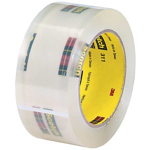 Clear Scotch Packing Tape roll with a yellow core, featuring a red and green plaid design on the outer label.