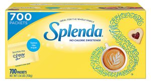 Yellow box of Splenda with 700 packets, showing coffee and a heart-shaped cookie. Text: "Tastes like sugar, no calorie sweetener.