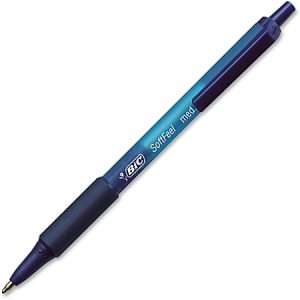Blue BIC SoftFeel medium ballpoint pen with a rubber grip and retractable tip, shown diagonally on a white background.