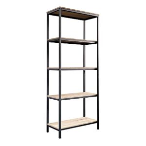 Tall industrial-style bookshelf with black metal frame and five wooden shelves.
