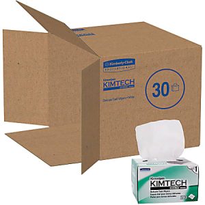 Kimtech wipes box open, showing a pack of 280 delicate task wipes in front with packaging details visible.