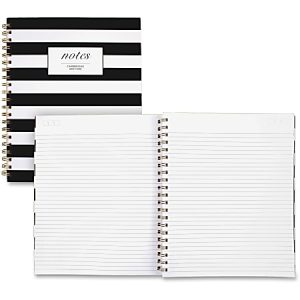 Striped spiral notebook with open pages showing lined paper, and a cover labeled "notes" in uppercase.