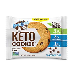 Keto cookie package featuring chocolate chip flavor, plant-based, 9g protein, 3g net carbs, 1g sugar, gluten-free, 45g.