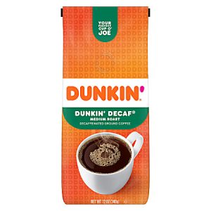 Dunkin' Decaf Medium Roast Ground Coffee package with coffee cup image, 12 oz size, orange and red design.