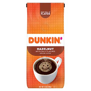 Dunkin' Hazelnut Ground Coffee packaging, featuring a cup of coffee. Net weight: 12 oz (340g).