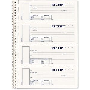 Spiral-bound receipt book with four perforated receipts, featuring fields for date, amount, and recipient details.