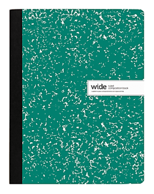 Green composition notebook with a black spine and white marbled pattern, labeled "wide ruled composition book".