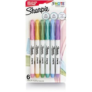 Pack of six Sharpie S-Note markers in assorted pastel colors, including pink, yellow, green, blue, teal, and purple.