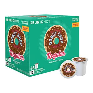 Box of The Original Donut Shop Regular medium roast coffee, 48 Keurig K-Cup pods, with bold packaging design.
