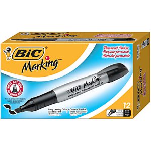 Box of 12 BIC Marking chisel point permanent markers, black ink, featuring no dry out seal, suitable for acid-free use.