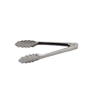 Metal kitchen tongs with scalloped edges, open and placed on a white background.