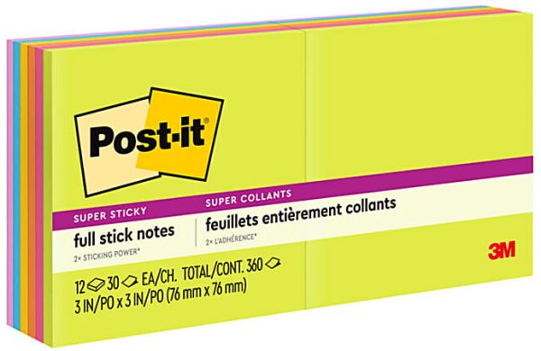 Pack of Post-it Super Sticky Full Stick Notes, 3x3 inches, 360 sheets in assorted colors.