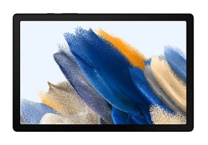 A black tablet displaying a colorful abstract wallpaper with blue, beige, and orange brushstroke patterns.