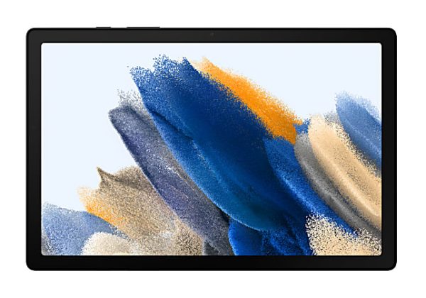 A black tablet displaying a colorful abstract wallpaper with blue, beige, and orange brushstroke patterns.