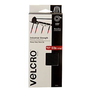 Velcro brand heavy-duty industrial strength tape packaging, holds up to 10 lbs, 4 ft x 2 in size, black color.