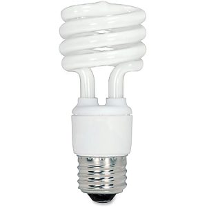 Compact fluorescent light bulb with a spiral design and standard screw base, isolated on a white background.