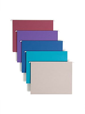 Five colored hanging file folders in red, purple, blue, teal, and beige, overlapping in a staggered stack.