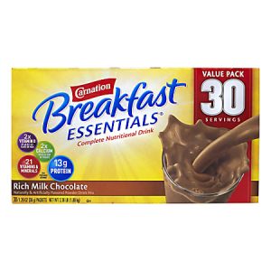 Carnation Breakfast Essentials Rich Milk Chocolate 30-serving value pack, highlighting vitamins, calcium, and protein benefits.