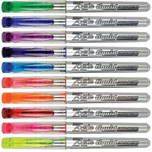 Set of ten colorful Liquid Highlighters arranged in a row, featuring various colors like green, purple, blue, pink, and orange.