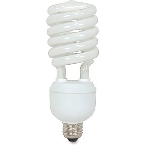 A compact fluorescent light bulb with a spiral design and E26 base, shown against a white background.