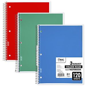Three spiral-bound, college-ruled notebooks in red, green, and blue. Each has 120 sheets and a Mead label.
