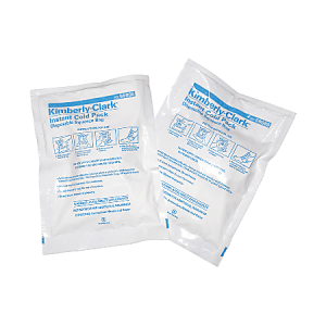 Two Kimberly-Clark instant cold packs with blue text and instructions on white packaging.