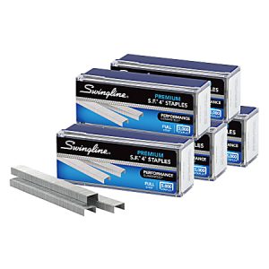 Boxes of Swingline S.F. 4 Premium Staples, each holding 5,000 staples, with visible staples in front.