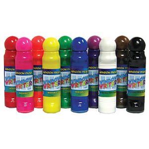Colorful assortment of window paint bottles with rounded caps, each labeled "Window Writer," displayed in a row.
