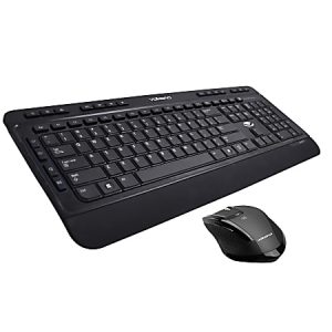 Black wireless keyboard and mouse set on a white background. The keyboard has multimedia buttons.