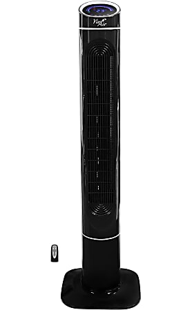 Black tower fan with sleek design, standing on a round base. Includes a small remote control placed beside it.