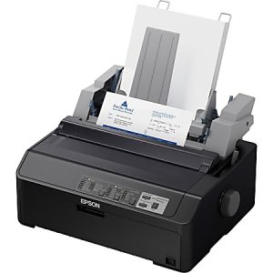 Epson dot matrix printer with paper tray loaded, displaying printed document on the front output tray.